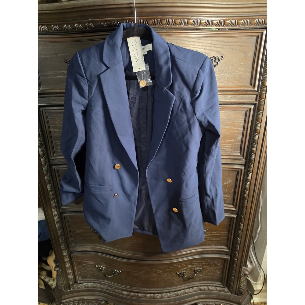 Michel C. Design Womens Navy Blue Ruched Sleeve Double Breasted Blazer Small NWT